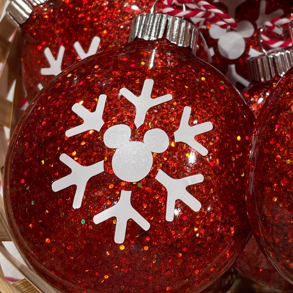 Disney Other - Disney Red Glitter Ornament with Mickey Mouse Snowflake Design